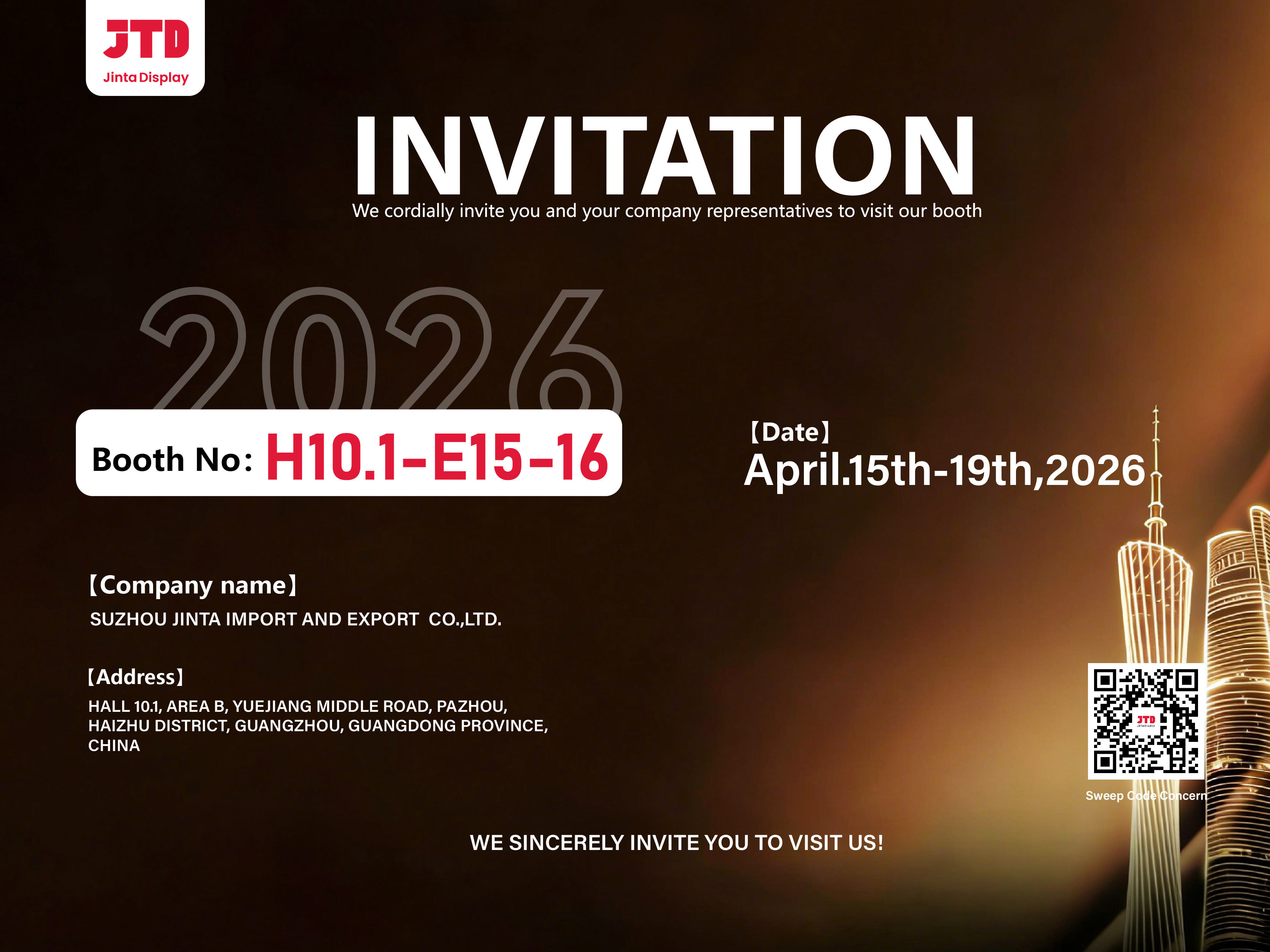 Laatste bedrijfsblogs Suzhou Jinta Import & Export Co., Ltd. nodigt u van harte uit om onze stand te bezoeken op de 139e Canton Fair.